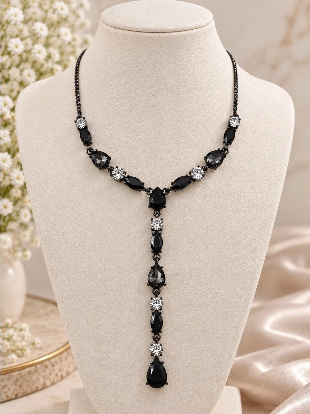 Givenchy Gunmetal Crystal Drop Y Necklace Black Faceted Rhinestones Adjustable